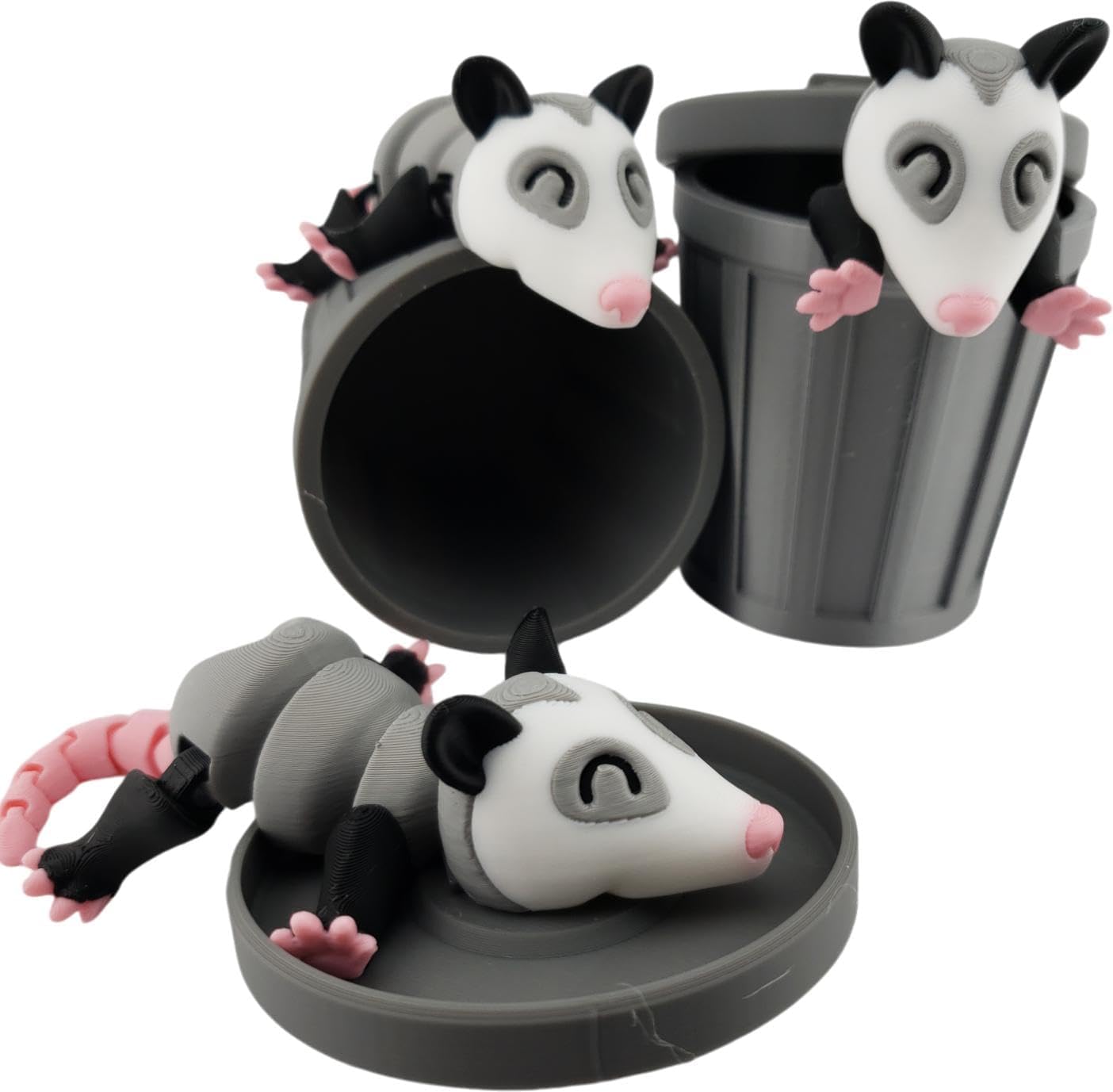 3D Printed Articulated Possum Figurine | Realistic Black, Grey, White, and Pink Colors | Adorable Desk Decor and Collectible Toy | Fidget (Possum with Trash Can)