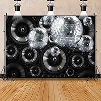 Vista 3 de Renaiss Telón de fondo de fiesta de discotecas negras y plateadas, de 7 x 5 pies, altavoz de música retro, discoteca, música, baile, concierto