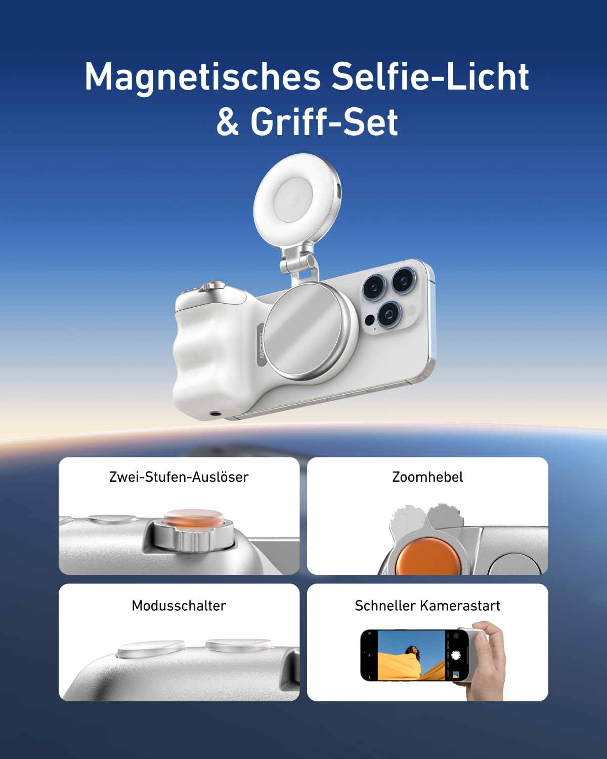 TELESIN Fun Shot Smartphone Handle Grip + TELESIN C03 Magnetische Selfie-Licht (Silber) Set, Kompatibel mit iPhone und Android, Creator Kit für Selfies/Fotografie/TikTok/Zoom-Anrufe/Video