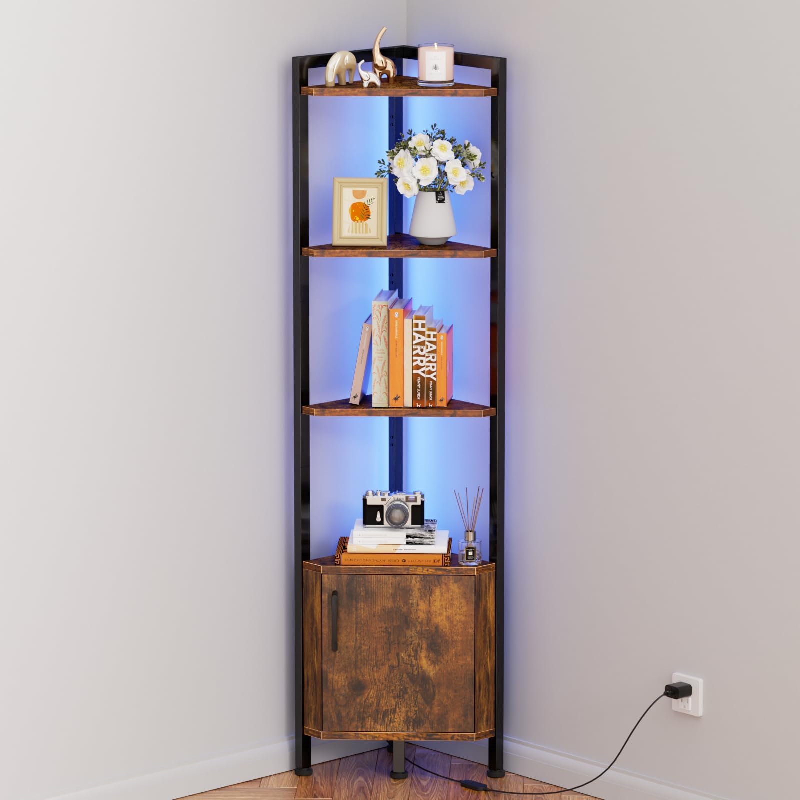 Furnulem Corner Shelf,5-Tier Corner Cabinet with Storage and LED Light, 62.8” Standing Display Bookshelf for Bedroom, Living Room, Kitchen, Wood Display Shelf (Rustic Brown)