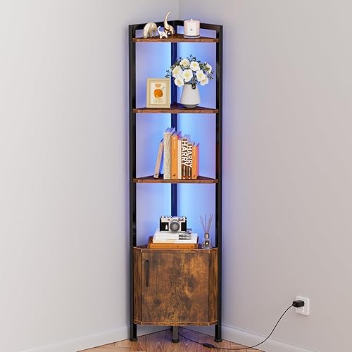 Furnulem Corner Shelf,5-Tier Corner Cabinet with Storage and LED Light,