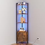 Furnulem Corner Shelf,5-Tier Corner Cabinet with Storage and LED Light, 62.8” Standing Display Bookshelf for Bedroom, Living Room, Kitchen, Wood Display Shelf (Rustic Brown)