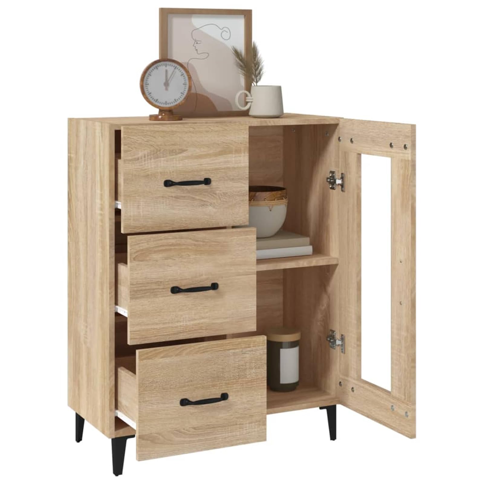 Gecheer Aparador Aparador Cocina Buffet para Comedor con Armarios Cajones Estantes Vitrinas Almacenaje Multiusos Mesa Consola Auxiliar Madera Color Roble 69,5x34x90 cm