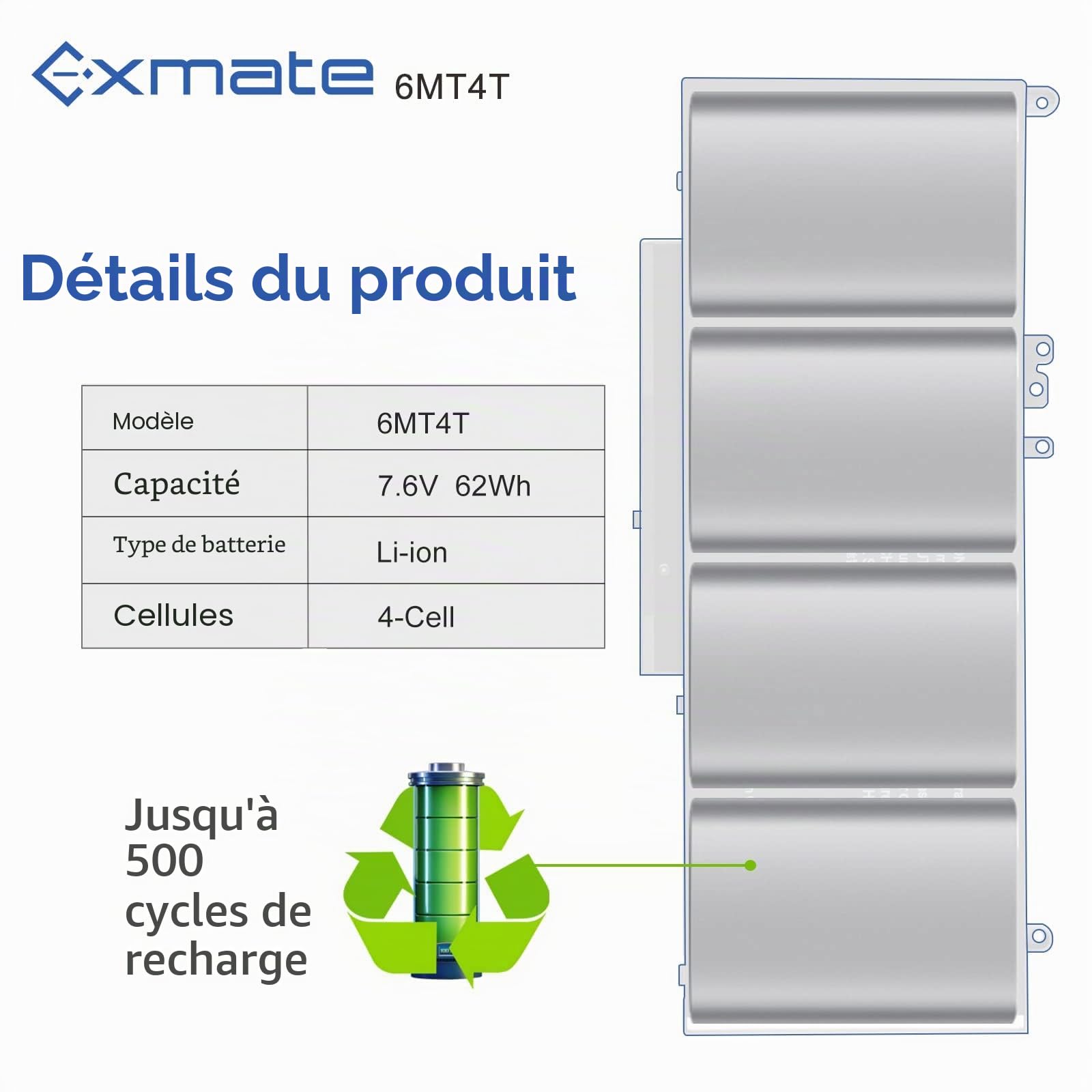 Exmate 6MT4T 7V69Y TXF9M 79VRK Batterie pour Dell Latitude E5470 E5550 E5570 [7.6V 62Wh]