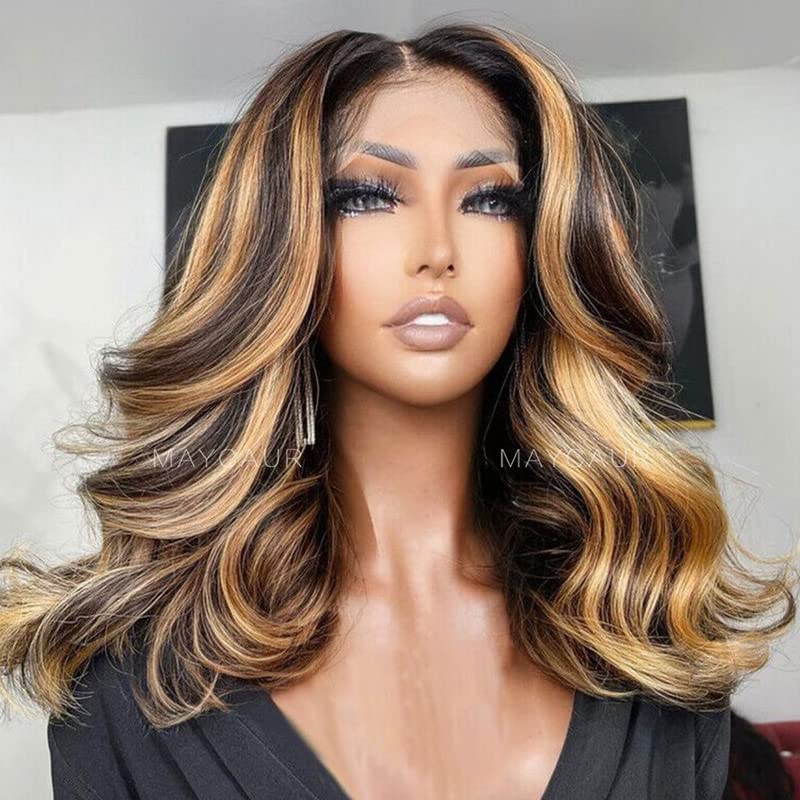 Maycaur Brown Blonde Mixed Color Wavy Hair Full Lace Human Hair Wigs Body Wave Lace Front Wigs With Natural Baby Hair 150 Density(18Inch, lace front wig)