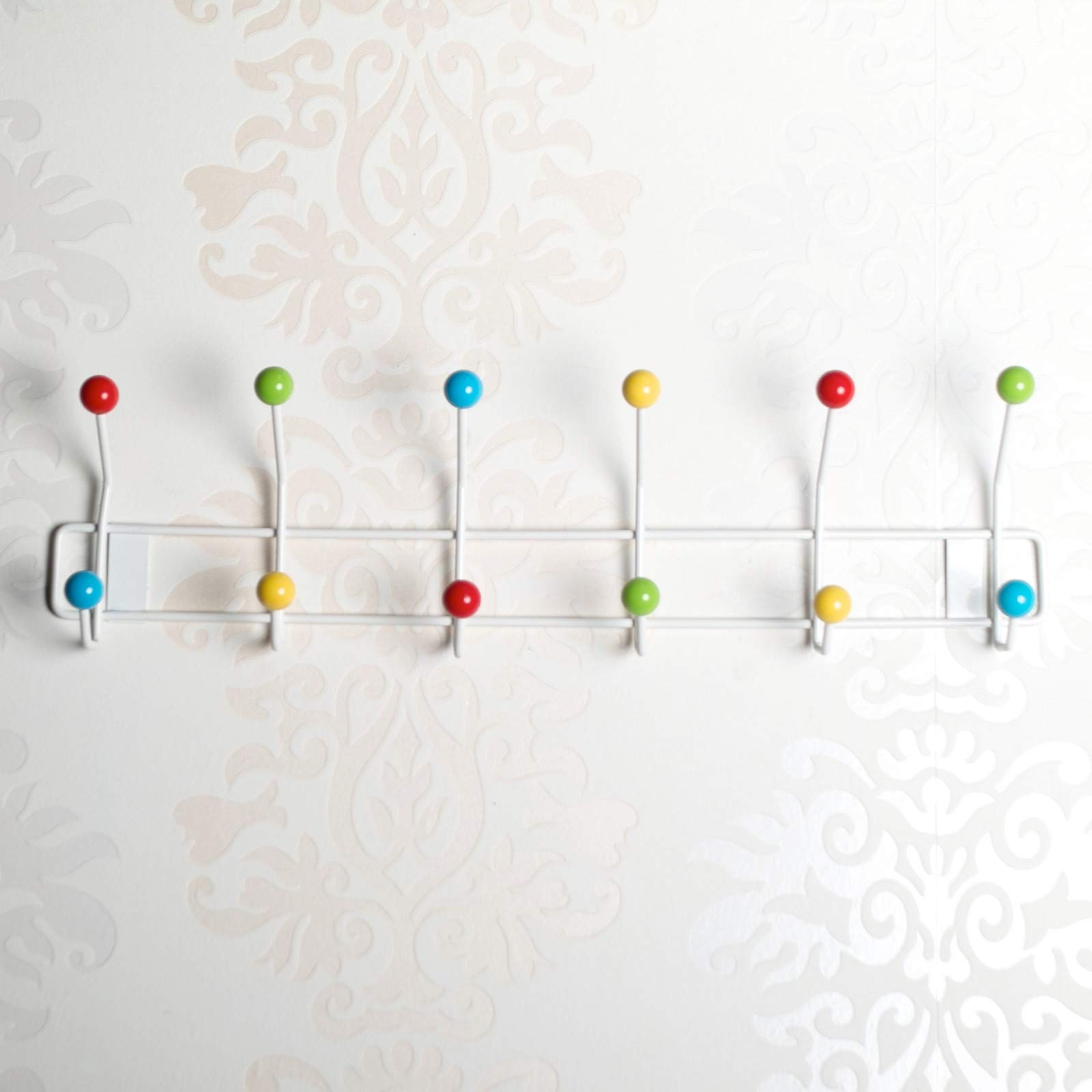 DESIGN DELIGHTS GARDEROBENLEISTE Colour Ball | 50x15,5cm(LxH), Garderobe mit 12 Haken, Hakenleiste mit bunten Kugeln, farbenfrohe Wandgarderobe bunt | Farbe: Weiss-bunt