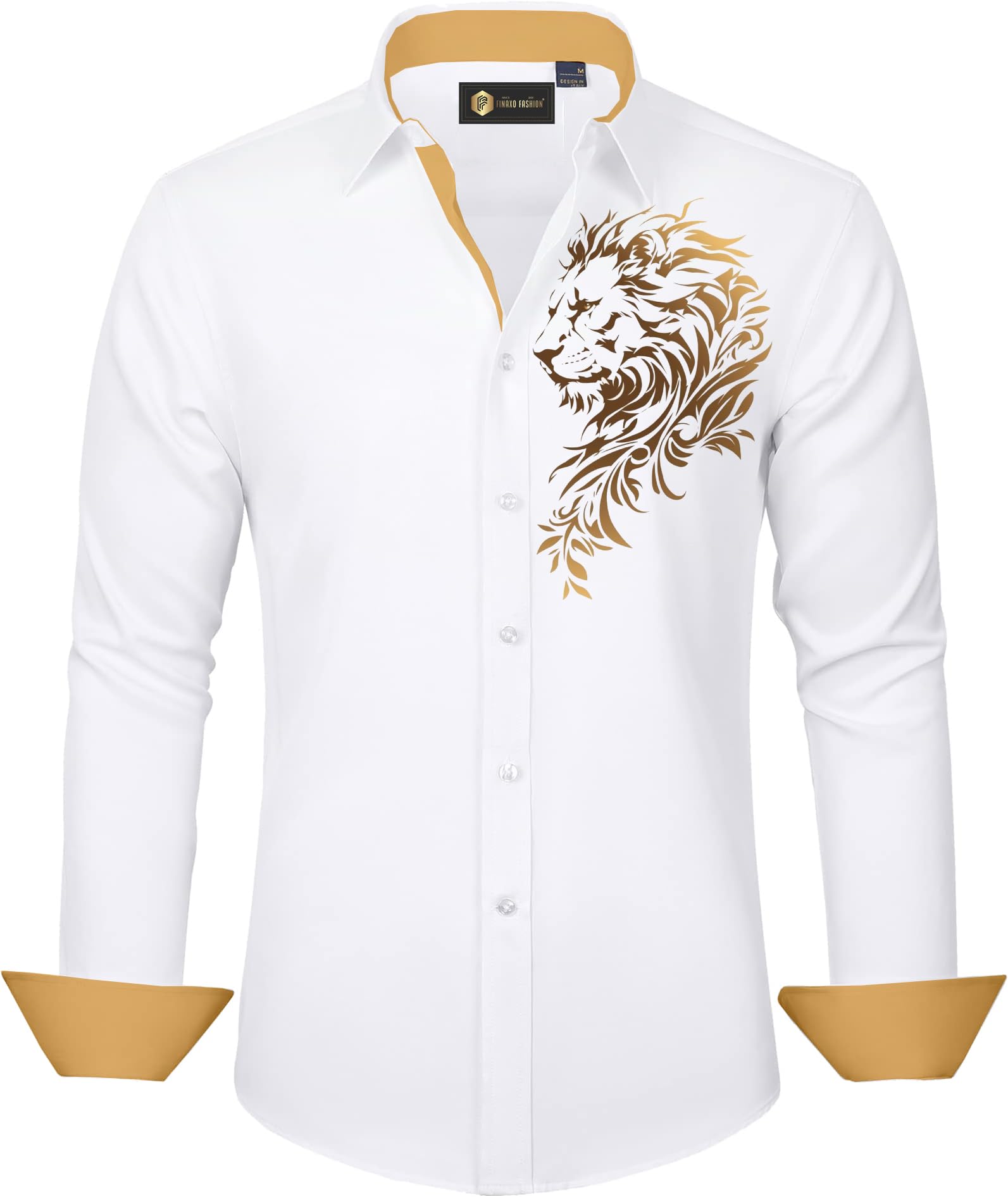 finaxo fashion Men's Shirt | Gold Lion Print | Slim Fit | Long Sleeve | Button-Down Casual Shirt-picture-11