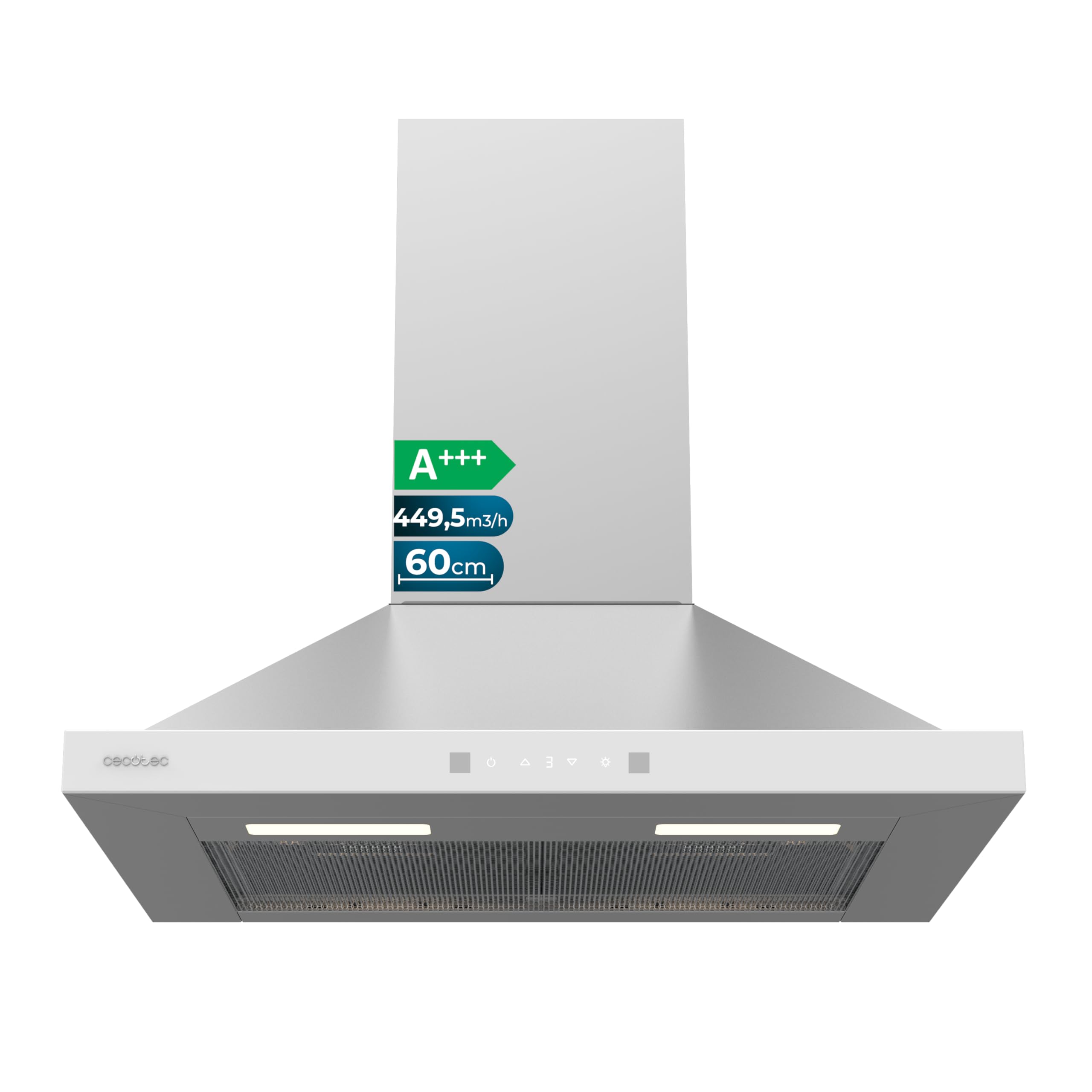 Cecotec Hotte Aspirante Pyramidale 60 cm Bolero Flux PT 604400 Inox A+++. Verre Frontal Blanc, Aspiration 449,5 m³/h, Commande Tactile Invisible, Fonction Booster, Filtres Lavables, Classe A+++