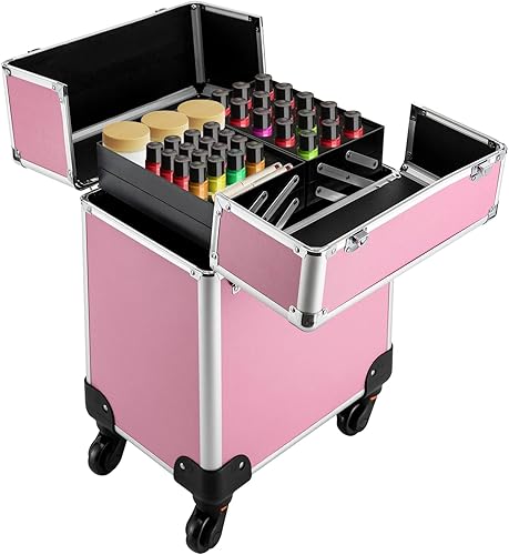 Miniatura 7 de Caja de tren de maquillaje rodante de aluminio, carrito cosmético profesional, organizador de almacenamiento de maquillaje, estuche de peluquero con