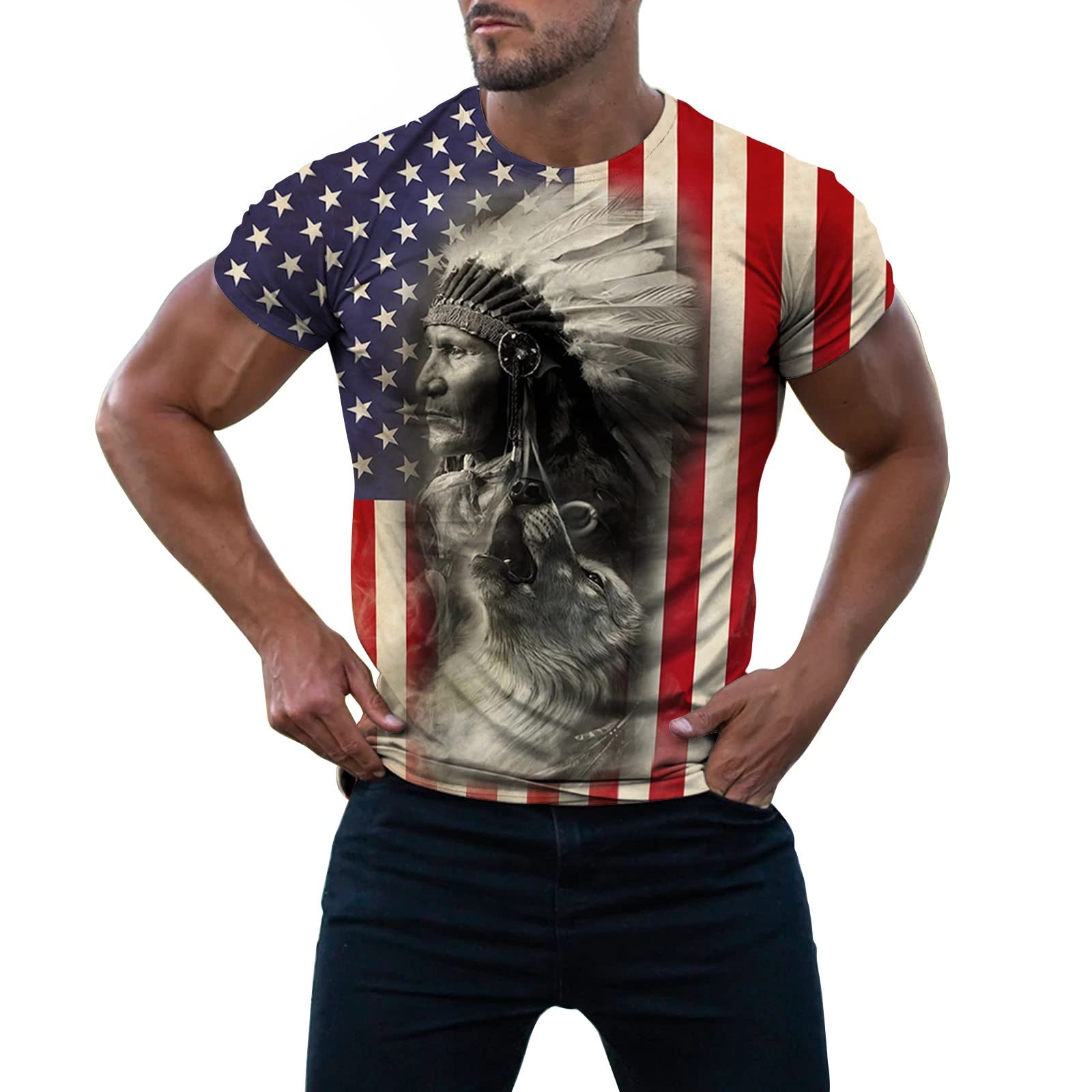 Mens American Indian Tribal Feather Vintage Pride Flag Crew Neck Short  Sleeve T Shirt Funny T Shirts for Men
