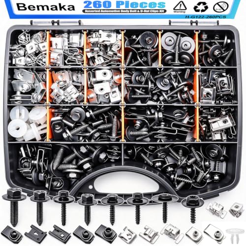 Image of 260Pcs U Nut Clips and Automotive Fender Bolts Kit, Car Body Screws U Clips, Replacement Fasteners for Bumper, Fender Liner, Engine Splash Shield, Wheel Well, Trim Panels, M4.2 M6 M8 1 /4 Inch