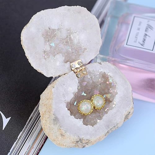 Miniatura 5 de Pasbas caja de anillo de cristal Geoda 100 natural racimo de cristal recubierto de titanio soporte de anillo de cuarzo para propuesta compromiso