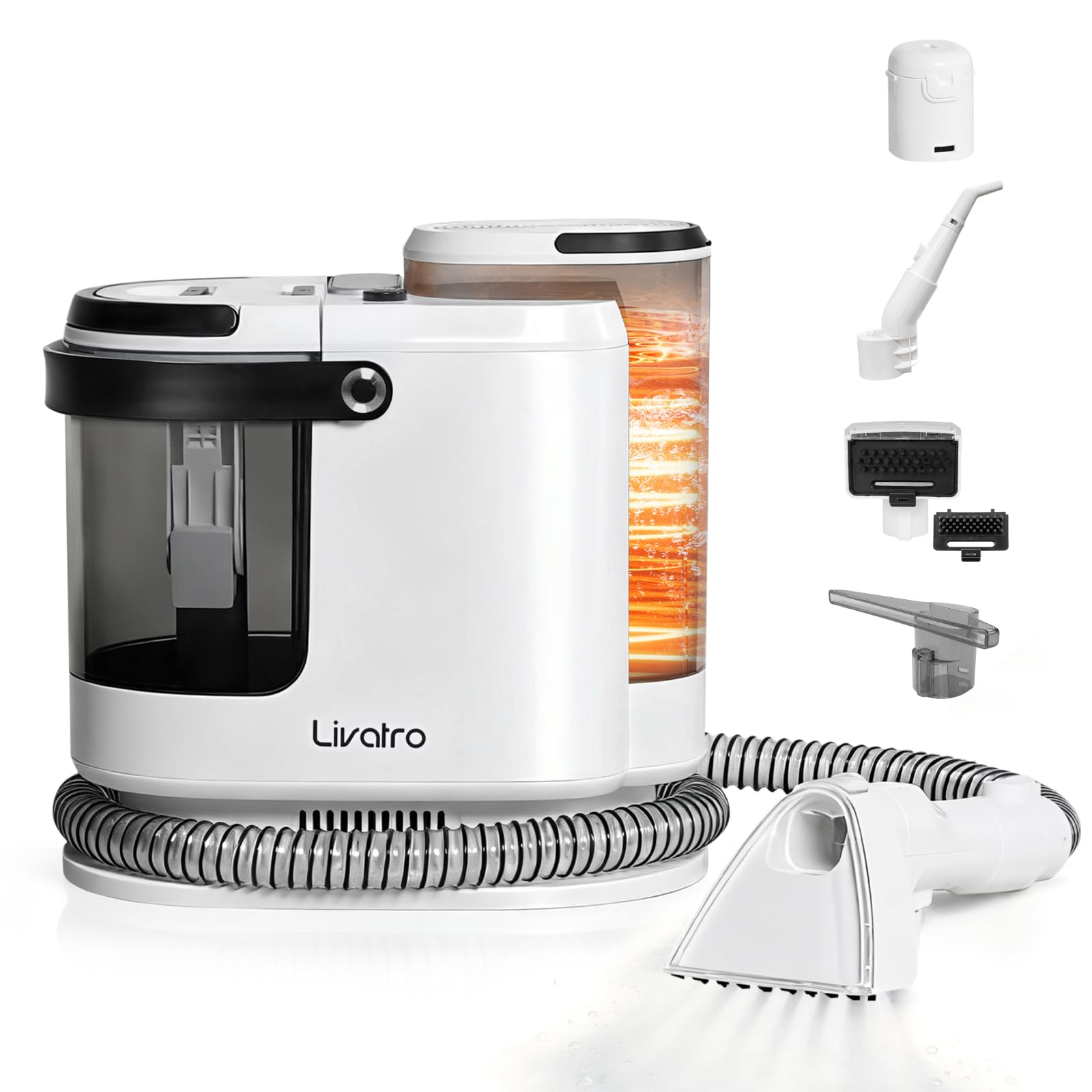 Livatro Polsterreiniger Gerät Nasssauger Waschsauger, 15 KPa Nasssauger Polsterreiniger, 1,6 L Wassertank, Kompakter Dampfreiniger Polstermöbel, Selbstreinigung, für Teppiche, Sofa, Vorhänge, Auto
