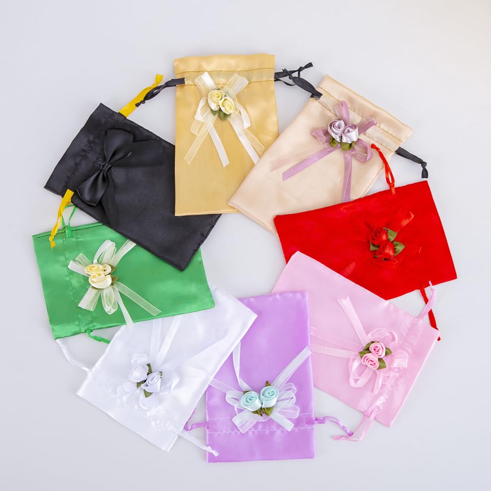 50pcs 13×18cm Geschenktüten mit Kordelzug und Blumen, Satin Schmuckbeutel Geschenkbeutel Aufbewahrungsbeutel für Hochzeit Babydusche Weihnachten Party Schmuck Süßigkeiten Weiß