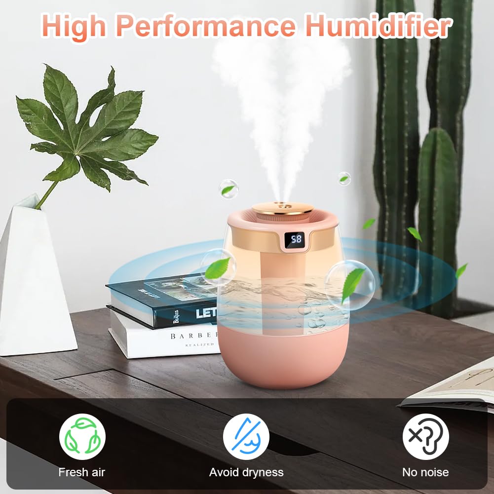 Humidificador 1.8L Silencioso para Bebes Doble Cámara con Pantalla de Humedad Inteligente Tres Modos Luz Nocturna UV USB Rosa