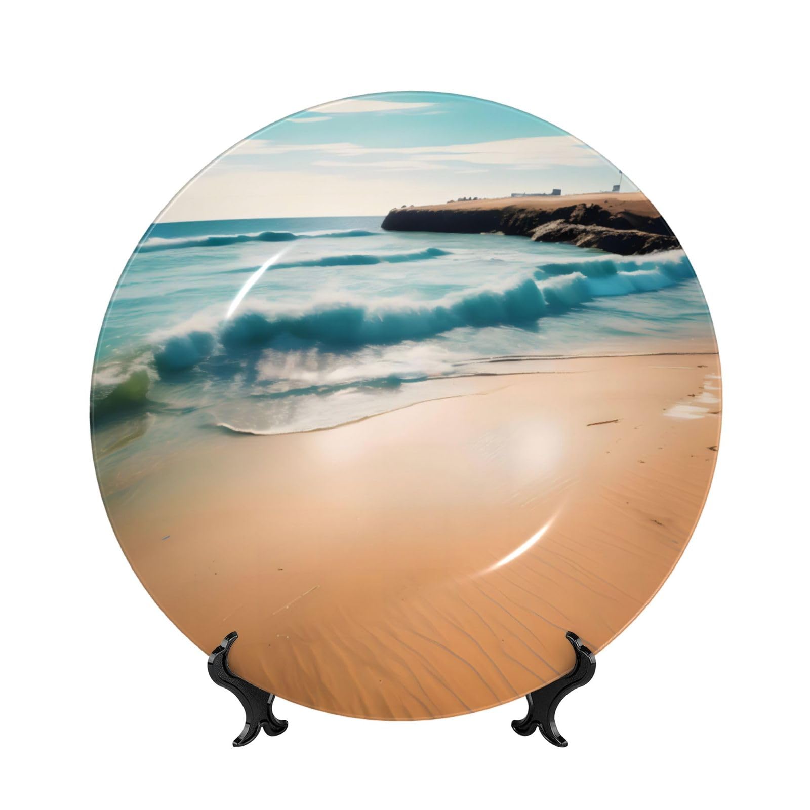 SXZVVBN Beach scenery Bone China Decorative Plate Art with Stand Removable Adhesive Hanging for Home Office 10in（25cm）