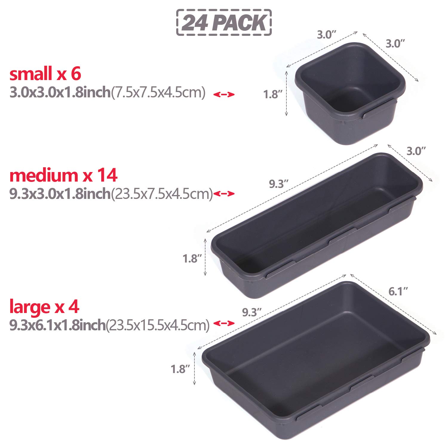 Set of 24 Interlocking Desk Drawer Organizer Tray Dividers Plastic Shallow Narrow Drawers Organizers Separators Storage Bins Container for Kitchen Bathroom Makeup Office Vanity Bedroom Dresser