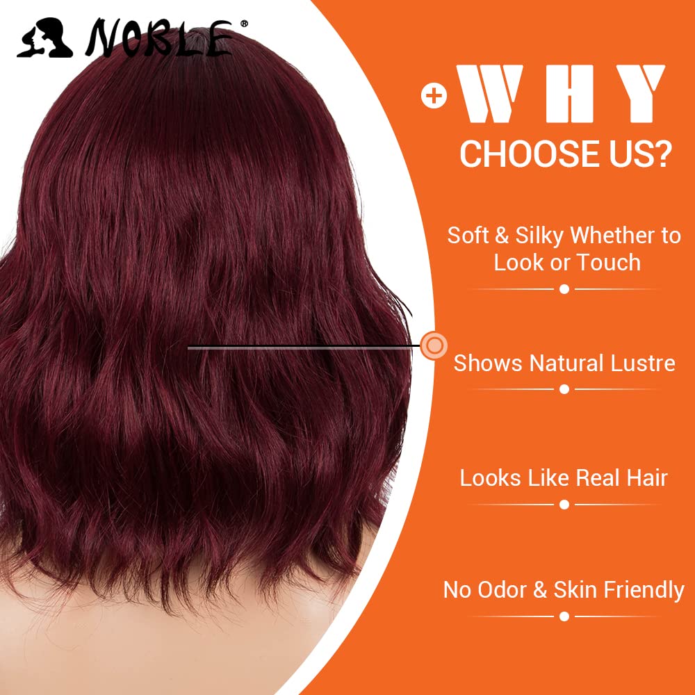 NOBLE Synthetic Ombre Burgundy Wig Short Wavy Wigs With Air Bangs Shoulder Length Wig For Women Curly Wavy Heat Resistant Synthetic Colorful BOB Wigs - Image 3