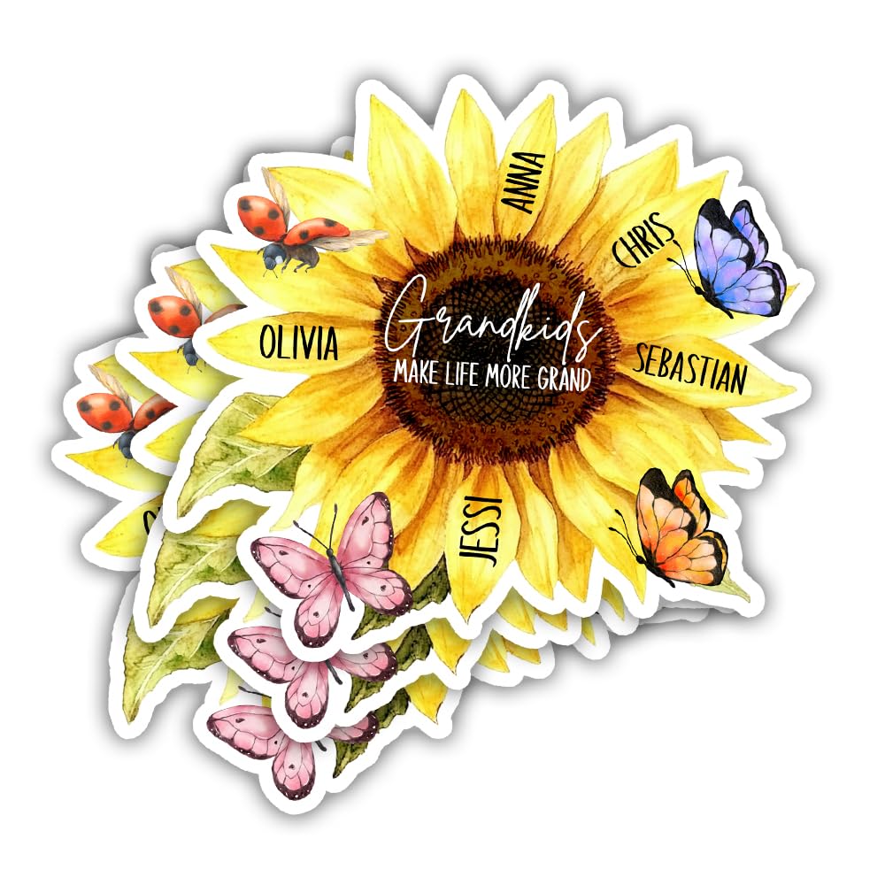 BAVAHA Grandkids Make Life More Grand Sunflower Personalized Custom Name Stickers Mom Customize Grandma Gifts for Mothers Day Decorations Laptop Water