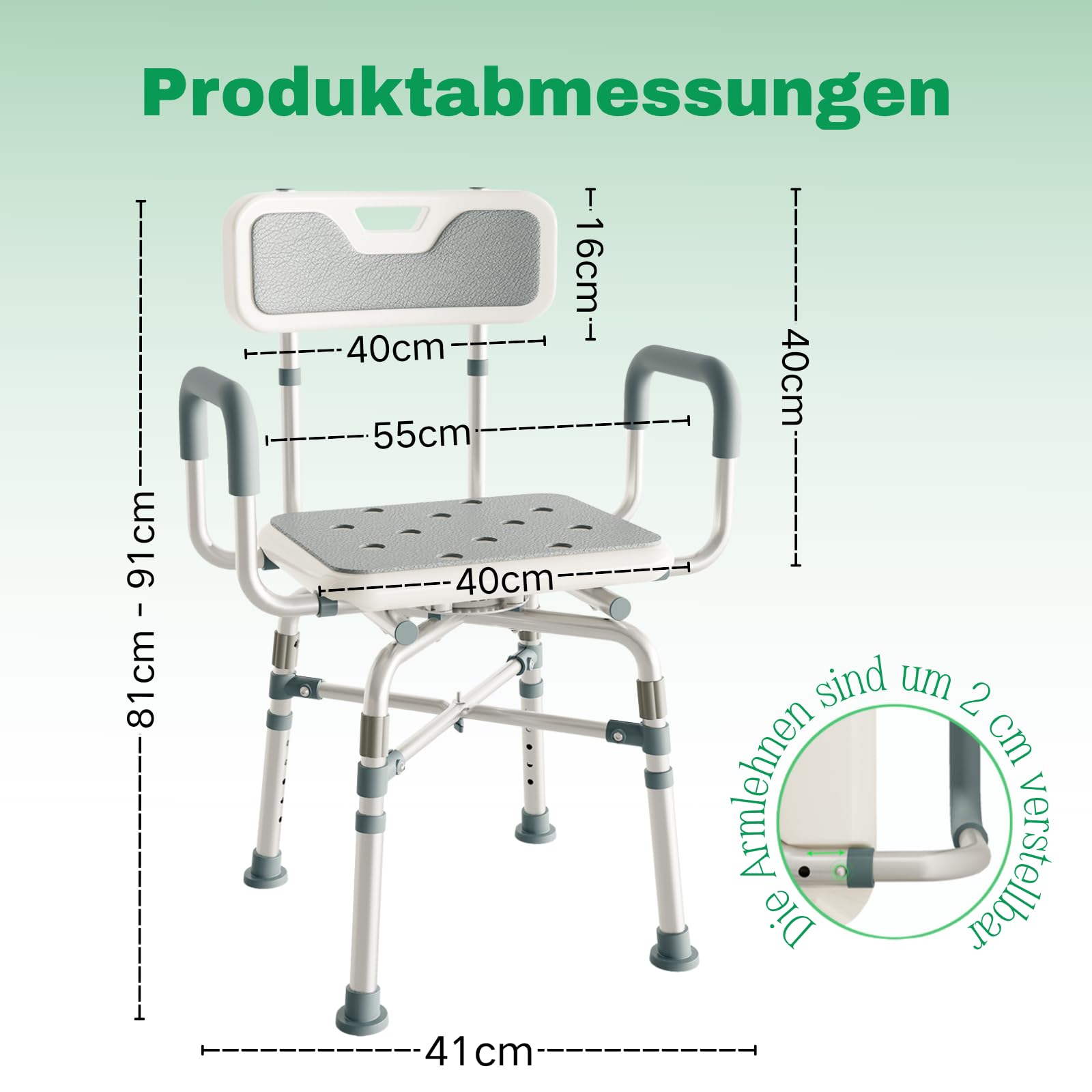 RMAN Krzesło prysznicowe, obracane o 360°, do 300 kg, przenośne, antypoślizgowe | Niemcy, aluminium, z oparciem i podłokietnikami, montaż bez użycia narzędzi, dla seniorów o ograniczonej mobilności