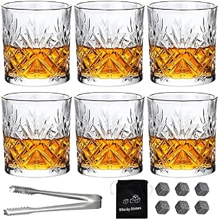 Whiskey Glasses, Vintage Whisky Tumblers 300ml Set of 6 Crystal Glass Cups Drinking Glasses Lead Free Scotch Bourbon Brandy Rum Cocktail Drinkware Glassware Barware Home Bar Party