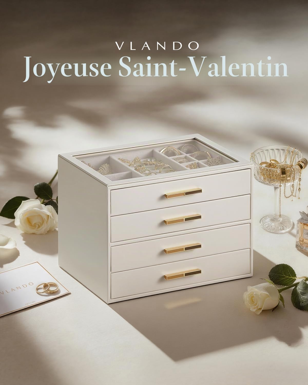 Vlando Boîte à bijoux Grande, Boîte à bijoux avec 4 niveaux, Organisateur de bijoux avec couvercle en verre, 4 tiroirs, pour colliers, boucles d'oreilles, montres, bracelets, rangement de bijoux