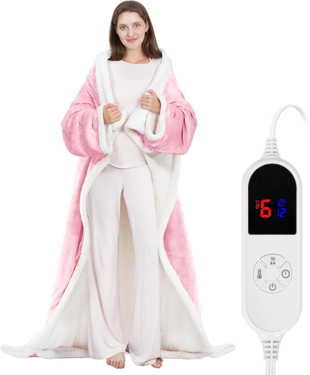 HOW'S MY HOUSE Wearable Heated Blanket with Sleeves and Foot Pocket, 52"x72" Electric Blanket for 6 Heat Settings, 12-Hour Timer, Flannel & Sherpa Pink