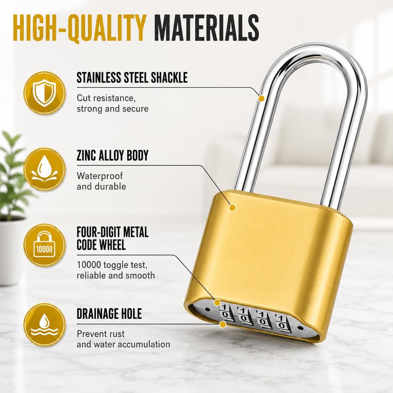 Heavy Duty 4-Digit Combination Padlock Brass | Resettable Code Lock with 10,000 Combinations & 8mm Alloy Steel Long Shackle | High Security Metal Padlock for Gym, Locker, Gate & Travel (Gold) — Amazon image 4