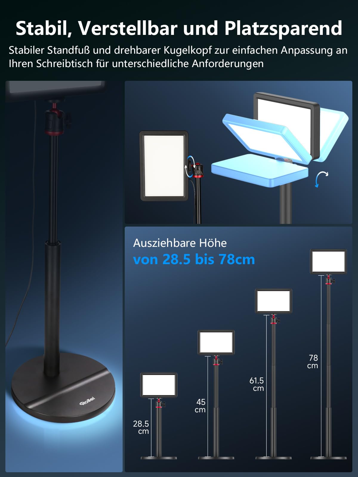 Rollei Lumis Key-Light, LED Videolicht inkl. Tischstativ mit Fernbedienung am Kabel zum Ausleuchten von Video-Streams und Konferenzen 28555 schwarz