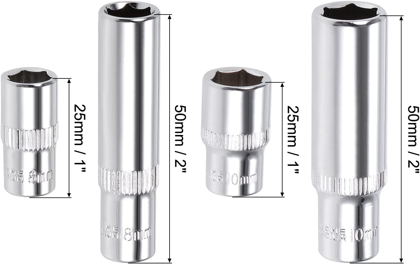 uxcell 1/4-inch Drive by 8mm & 10mm Deep and Shallow Socket Set, 6-Point CR-V Steel
