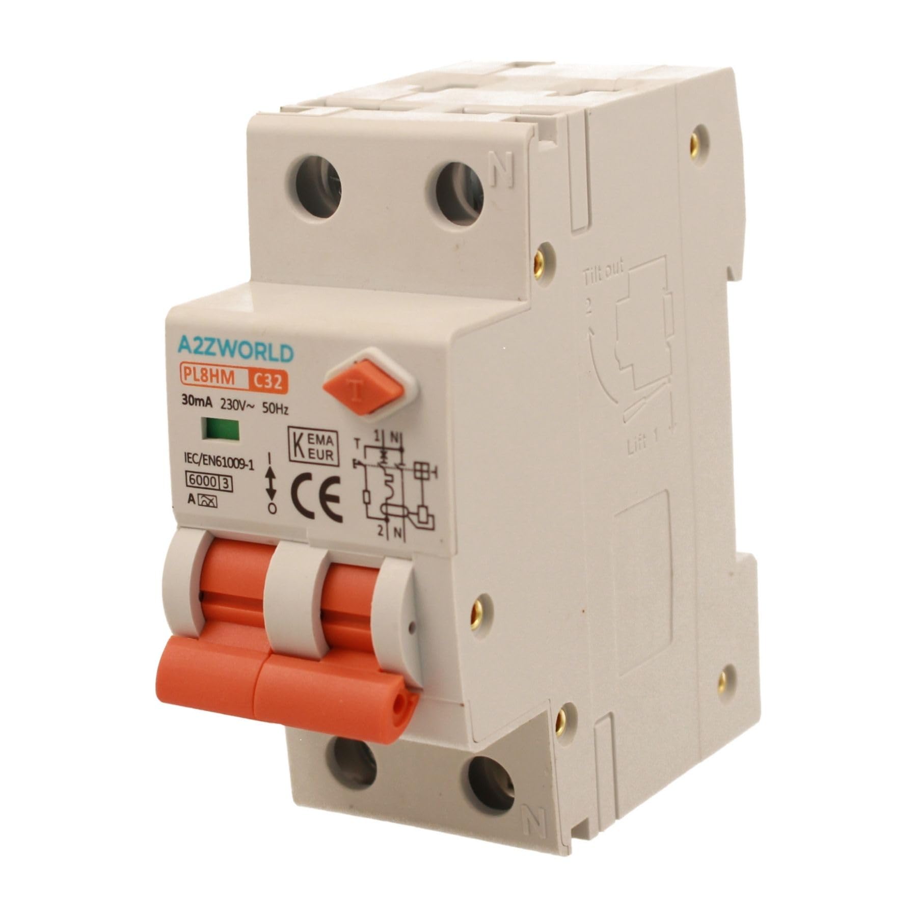 Interruttore Magnetotermico Differenziale Tipo A, 1P+N Curva C 6KA 30mA 220V, Occupa 2 Moduli DIN, RCBO Tipo A C32 32A
