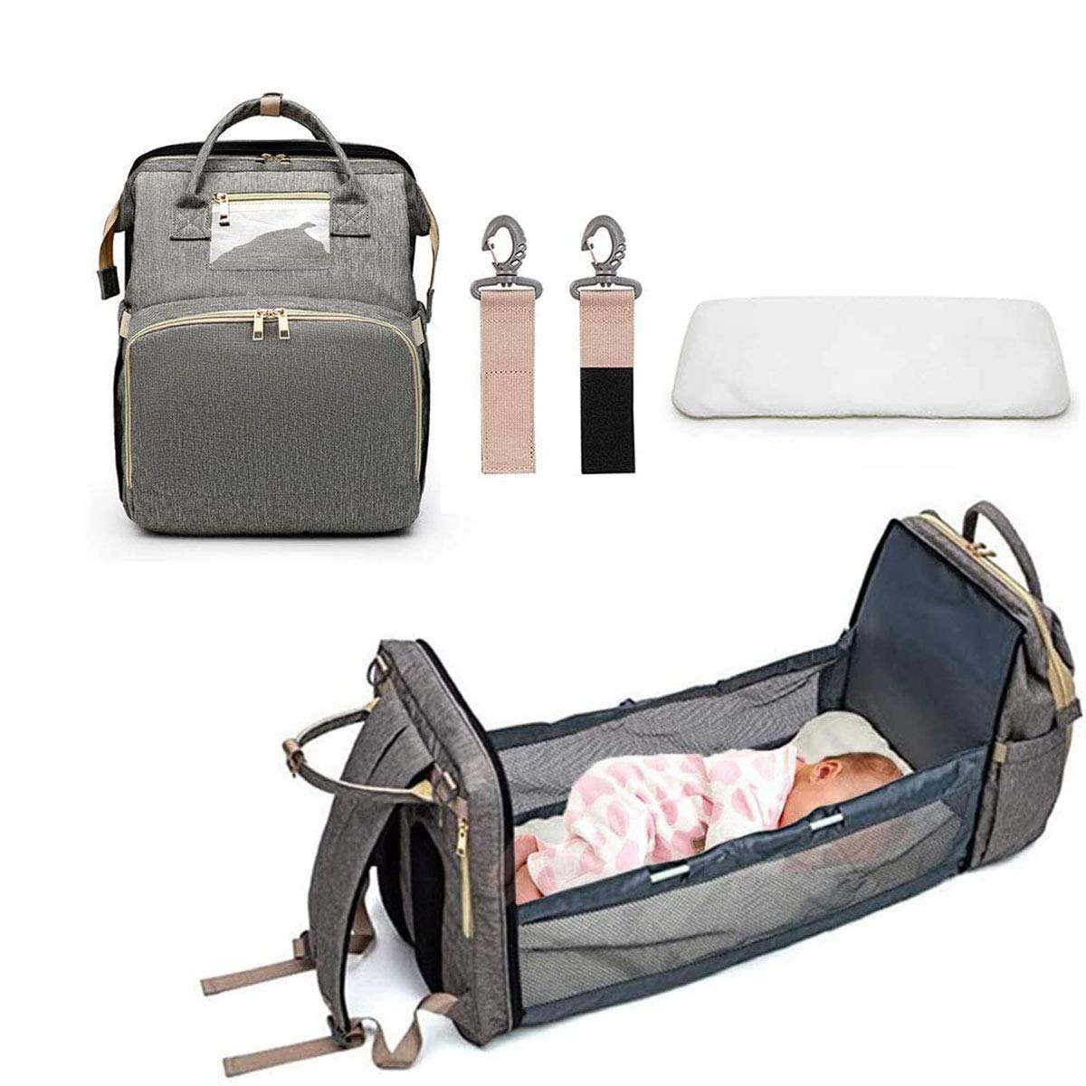 SYOSI 3 In 1 Travel Foldable Baby Bed, Portable Diaper Changing Station Mummy Bag Backpack, Portable Bassinets For Baby And Toddler, Travel Crib Infant Sleeper, Baby Nest
