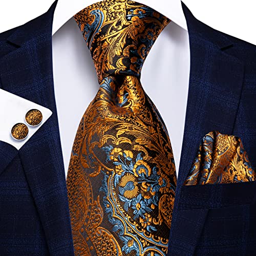 Image of Hi-Tie Men 63inches Tie Set Extra Long Necktie Paisley Tie Pocket Suqare Cufflinks Big and Tall Men Tie