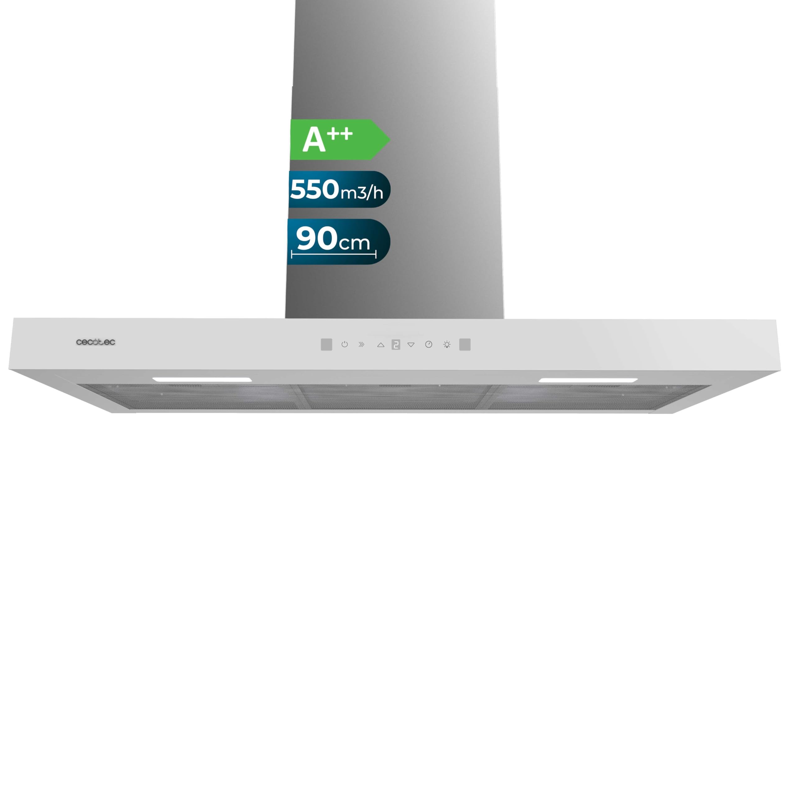 Cecotec Campana Extractora 90 cm Tipo T Bolero Flux TT 905500 Glass White A++. 70W, Frontal Cristal Blanco, Bajo Consumo, Succión 550m3/h, Control Táctil, 3 Niveles, Booster, Luz LED, Filtro Carbono