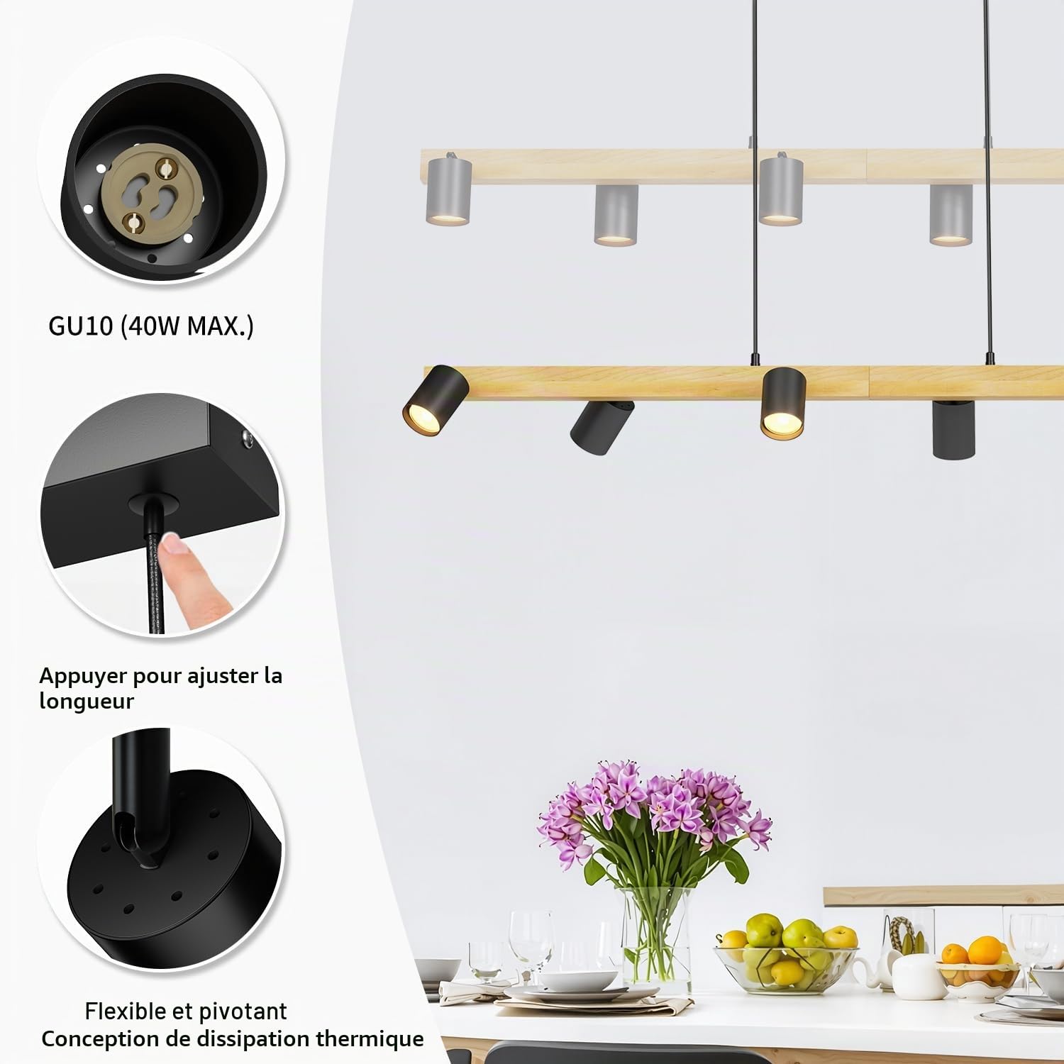 LVWIT Suspension Luminaire Industrielle à 6 Lumières,GU10 Suspension de Cuisine en Bois Noir pour îlot Central, Luminaire Salon 1145CM, Lustre Salle a Manger (Sans ampoule)