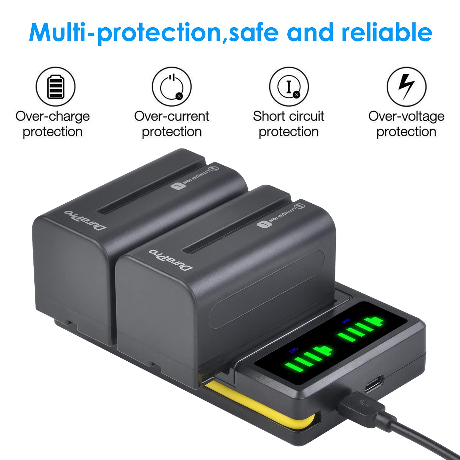 DuraPro 2 x 5200 mAh NP-F750 NP-770 akumulator + LED Dual Bulit-in ładowarka USB ze złączem typu C do Sony NP-F330 NP-F550 NP-F570 NP-F750 NP-F770 NP-F960 NP-F970 CCD-SC5 CCD-TRV DCR-TRV Seria