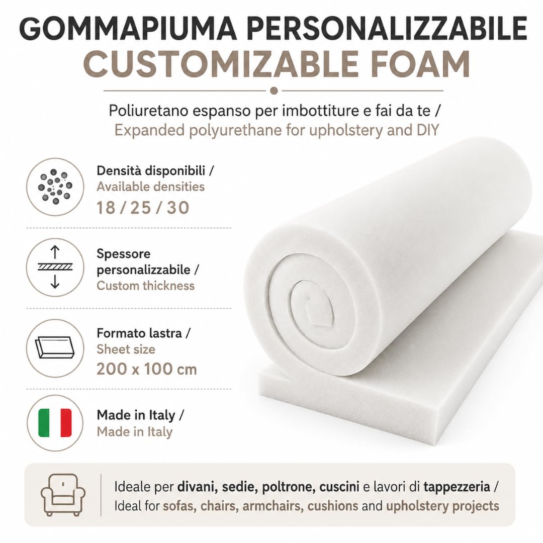 TENDEEVOLUTION Gommapiuma Densità 18, 25, 30 per Divano, foglio 200x100, Lastra Poliuretano espanso Imbottitura Spugna, Spessore Personalizzabile da 1 a 10 cm