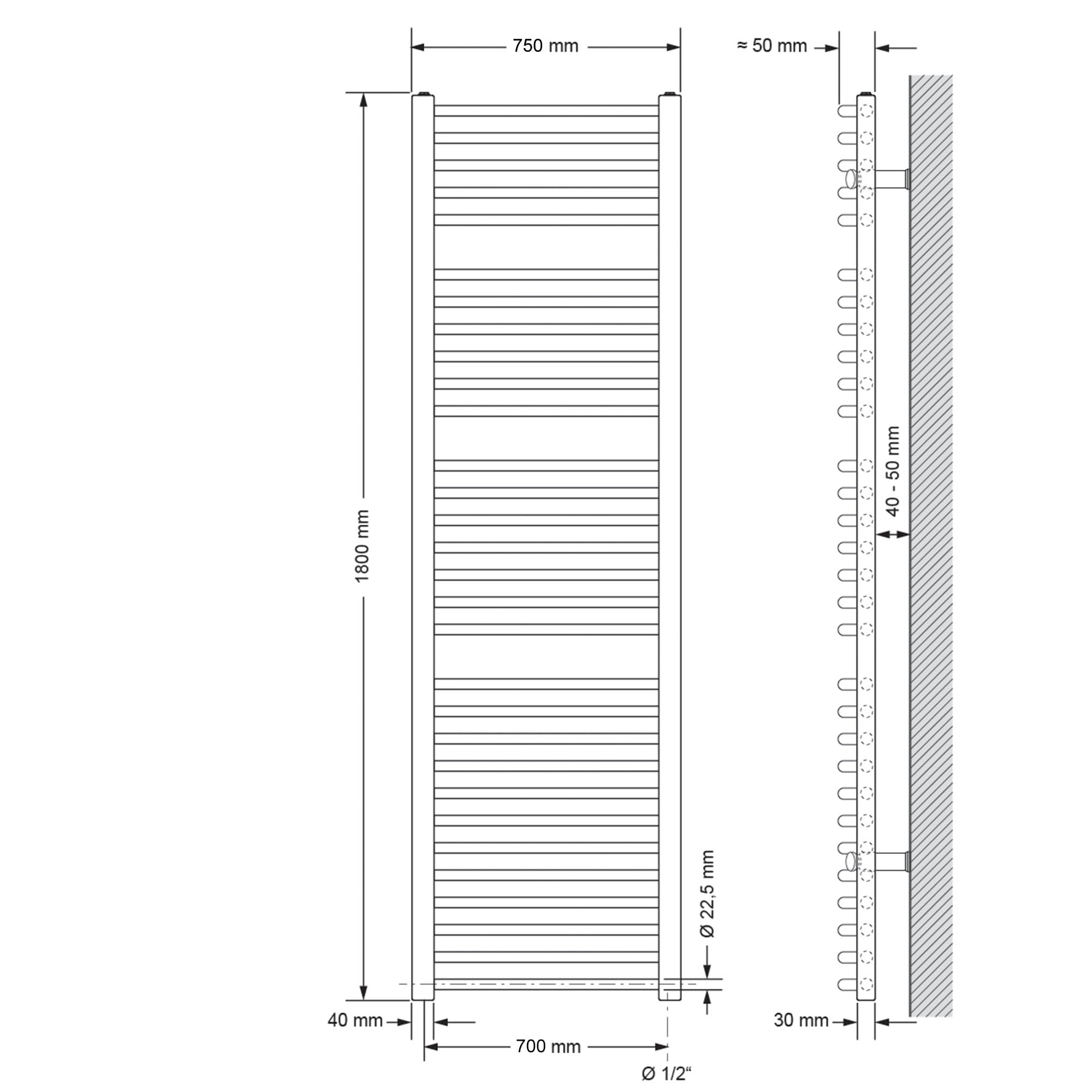 ECD Germany Radiador toallero Sahara - 750 x 1800 mm - Blanco - Curvo - con conexión Lateral - Radiador Calentador secador de Toallas - Calefactor de baño - Radiador Estilo Escalera - No eléctrico