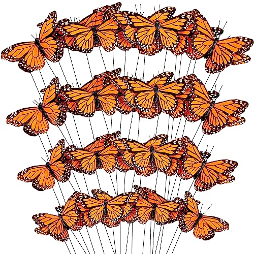Lyrow 72 Pcs Halloween Monarch Butterfly Decorations for Crafts 4 Size Artificial Feather Butterfly on Picks for Day of The Dead Crafts Fake Butterflies with Wire Wall Decor(Orange)