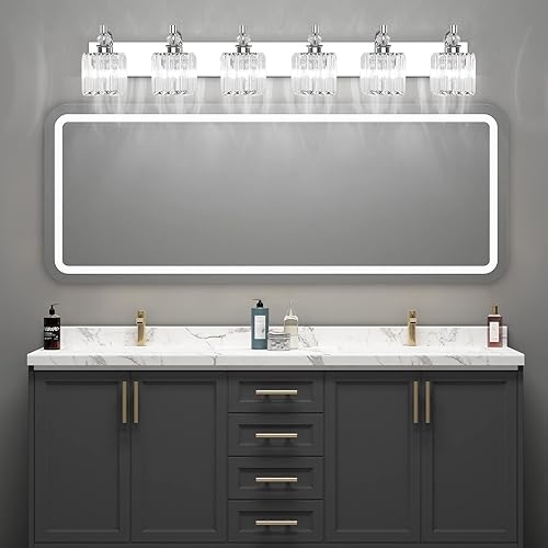 Miniatura 5 de Ralbay Lámpara de tocador de cristal 6 luces de 48 pulgadas moderna iluminación cromada para tocador de baño sobre espejo largo accesorios de