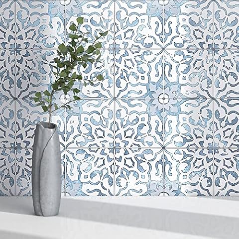 VAOVI Floral Wall Peel and Stick Tile Stickers Waterproof,Kitchen Backsplash Tiles Peel and Stick Subway Tile Backsplash Metallic 3D Wall Panel Square Large Tile 7.72"x7.72"(8sheets,Blue) Cover
