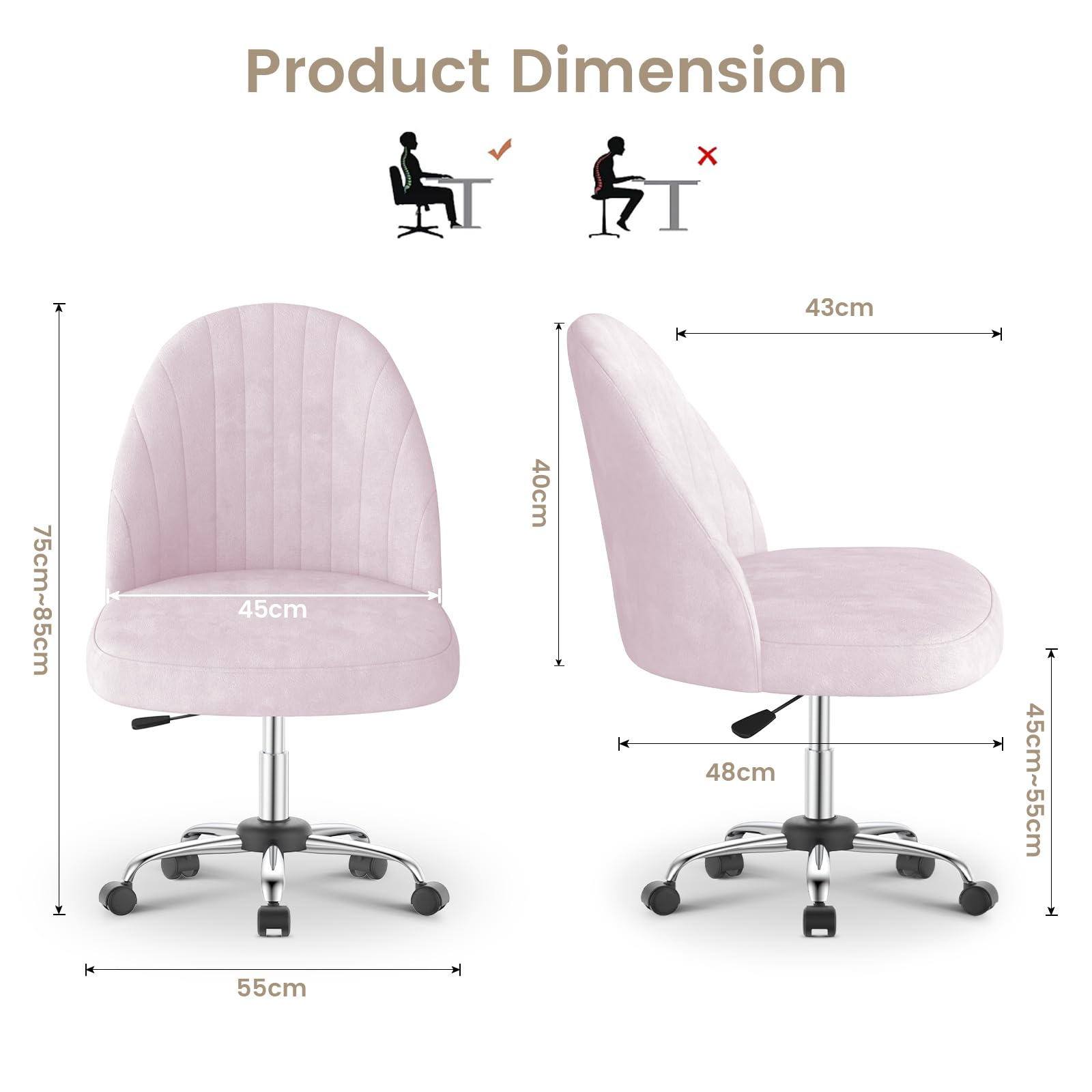 naspaluro Sedia da Ufficio Sedia Vanity, Sedia da Camera in Velluto, Sedie da Camera Senza Braccioli Con Ruote, Sedia da Ufficio per Casa, Sedie Morbida Regolabile in Altezza, Per Camere Letto,Rosa