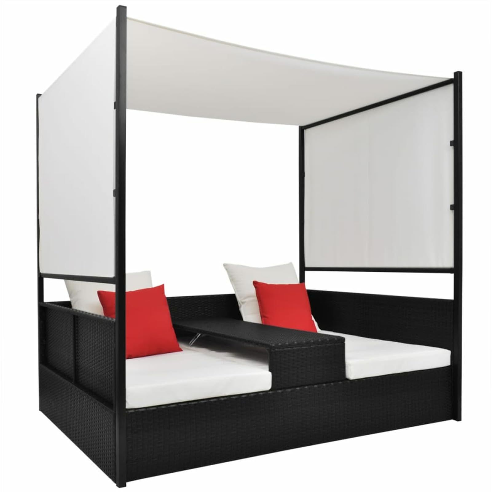 Homgoday Lettino da giardino con baldacchino, letto matrimoniale, letto matrimoniale, sdraio da giardino, divano da giardino con tavolino nero, 190 x 130 cm, polyrattan