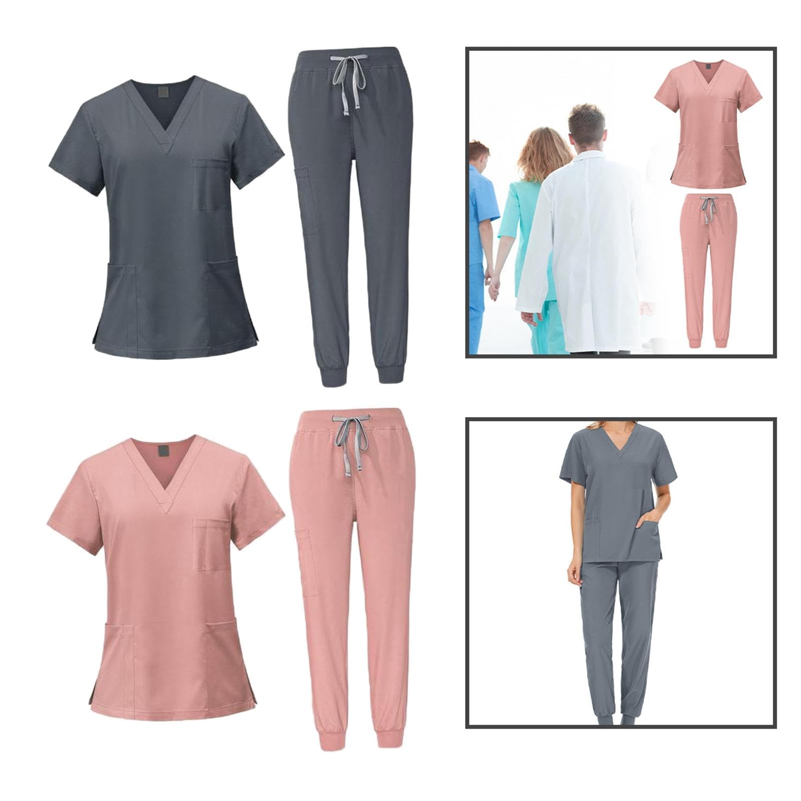 Baoblaze Conjunto de Uniforme Médico para Mujer, Pantalón Y Blusa con Detalles Modernos, rosa y gris
