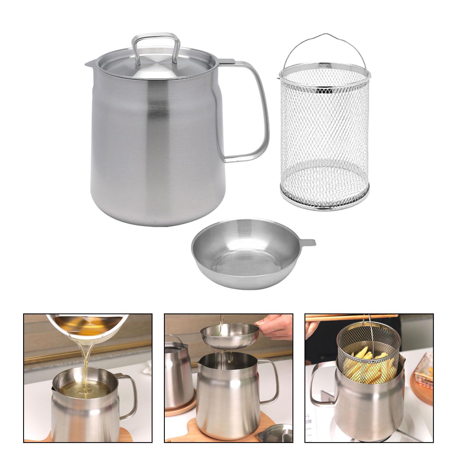 LOVIVER Pot de Filtre à Huile en Acier Inoxydable, Bidon de Graisse Avec Couvercle Anti-poussière et Filtre à Mailles Fines, Passoire à Graissee Multifonctionnel pour Cuisine, 2L