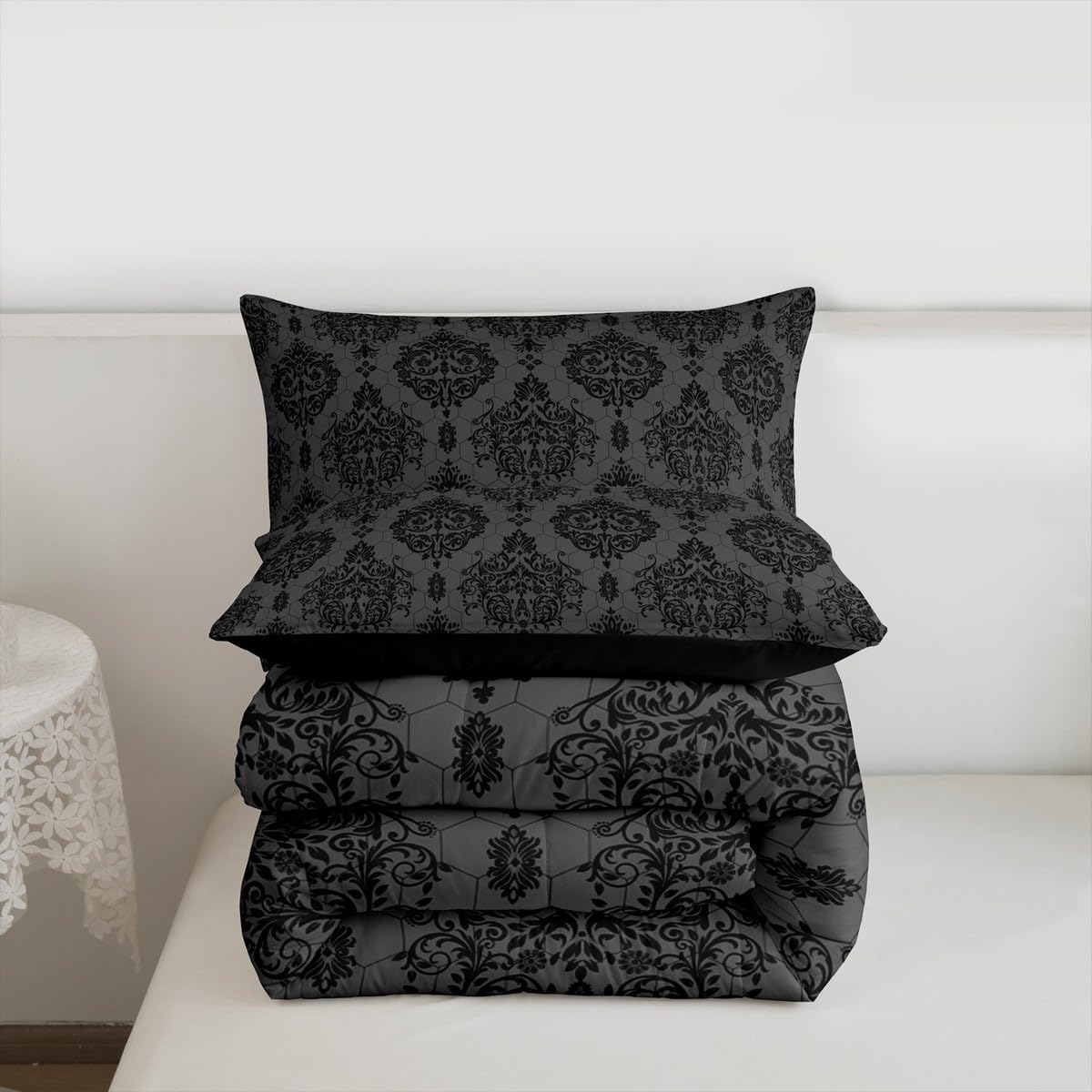 jejeloiu Damask Pattern Kids Comforter Set Queen Size Jacquard Bedding Set Floral Printed Duvet Quilt for Kids Boys Girls Bedroom Boho Damask Print Decor Microfiber Ultra Soft Breathable