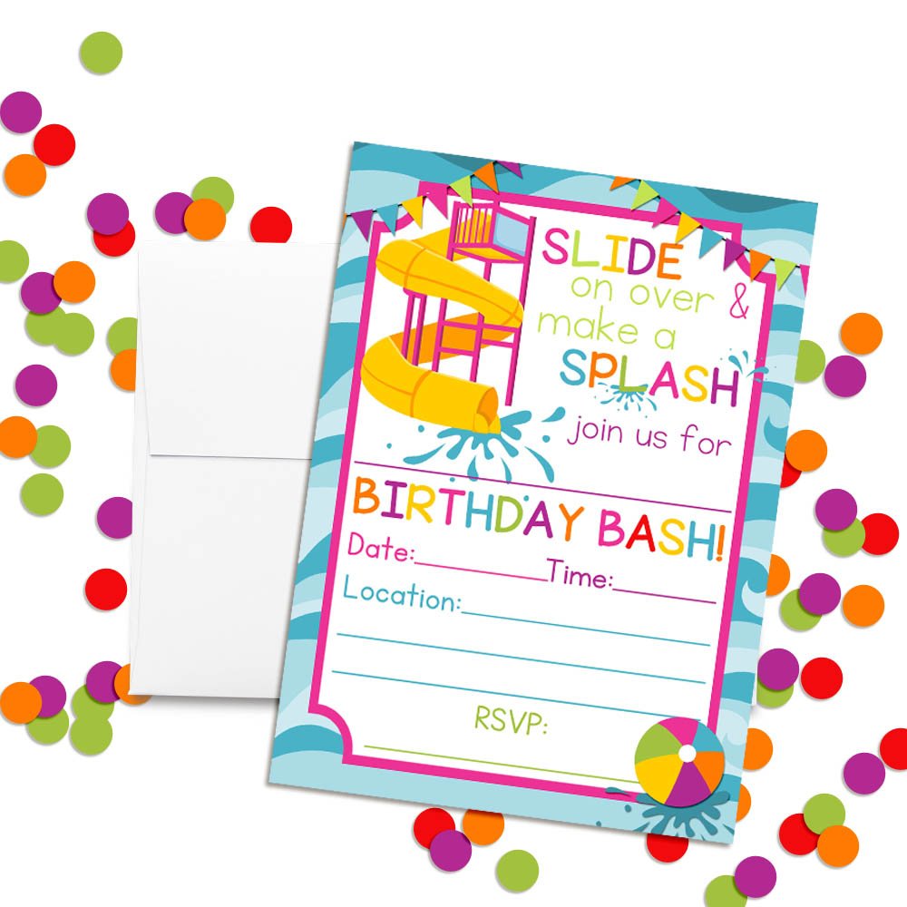 Waterslide Summer Fun Birthday Party Invitations for Girls, 20 5x7 Fill In Cards with Twenty White Envelopes by AmandaCreation