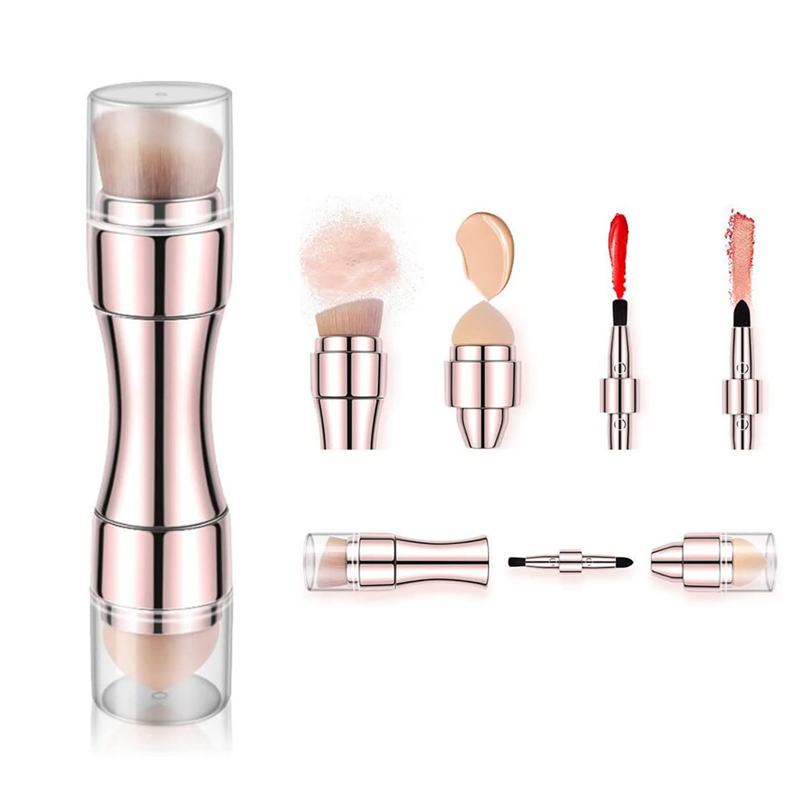4 in 1 Makeup Brush Set, Lip Brush, Smudge Brush, Contour & Blush Brush, Sponge Brush for Eyes Lips Face Foundation Makeup, Multifunctional for Girls Women (Rose Gold Brush)