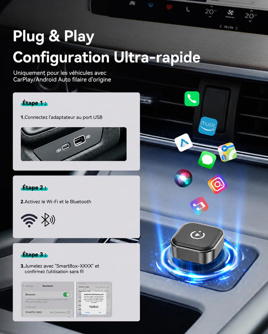 Spedal Adaptateur CarPlay sans Fil 2026 – Ultra Mini 2 en 1 Android Auto sans Fil, WiFi 6 & Bluetooth 5.4, Plug & Play pour la liberté sans Fil, Connexion Automatique Rapide, Stable et sans Retard