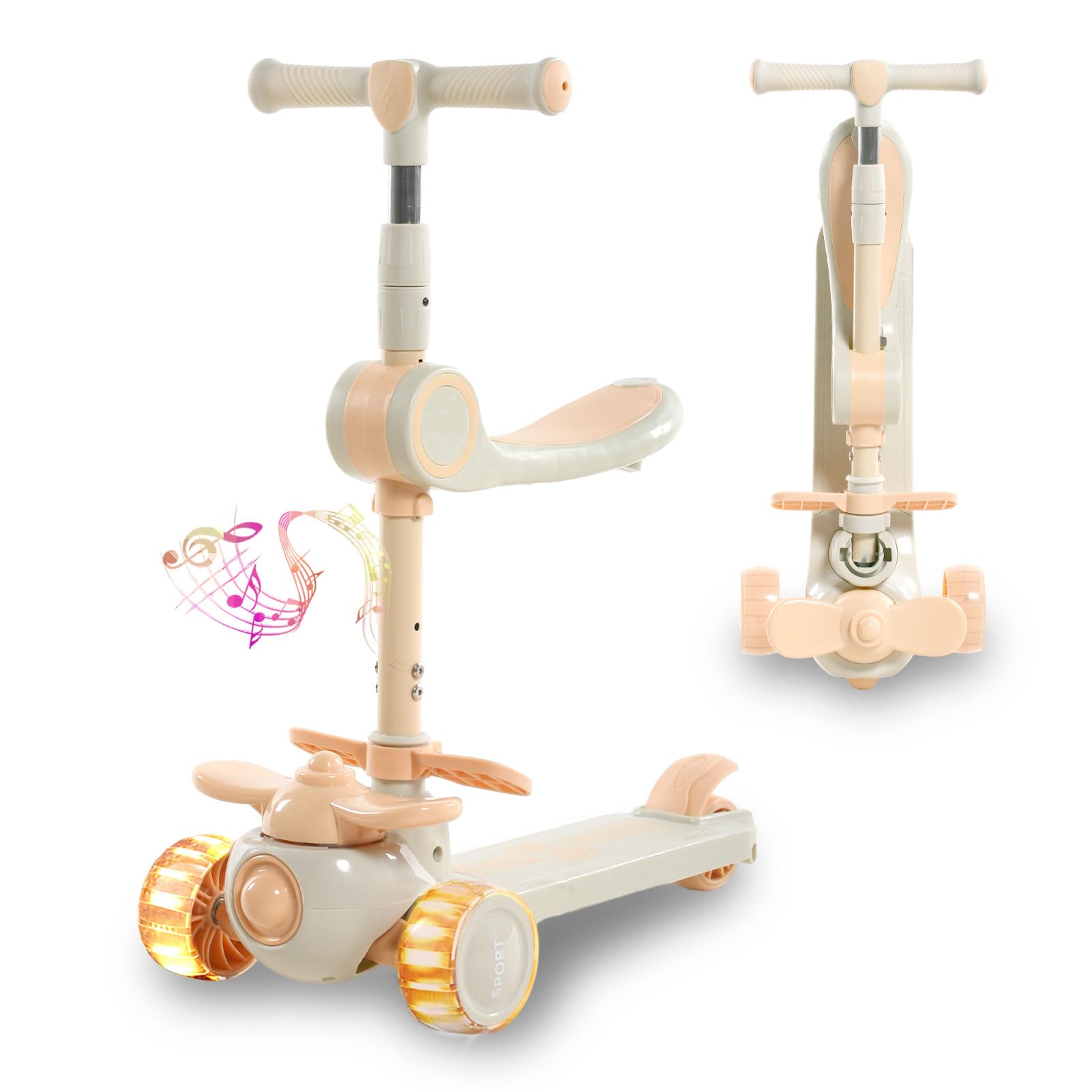 Kids Scooter, 2-in-1 Scooters for Kids, Foldable Scooter for Kids, Four-speed Adjustable Height Handlebars and Removable Seat, Music and Luminous Wheel, Widened Non-Slip Deck, for Ages 2-12 Years Old